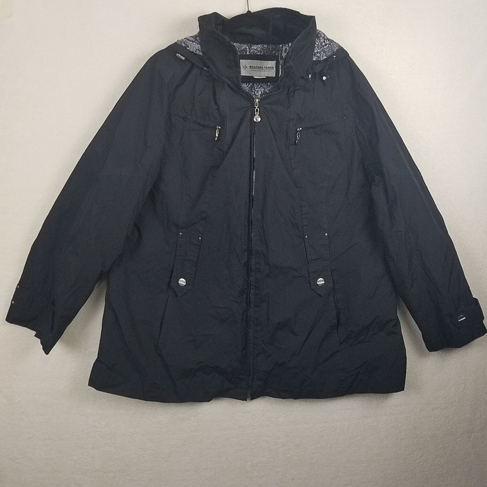 WEATHER TAMER Womens Black Hooded Rain Jacket‎ 1X Snake Print Lined Zip Front